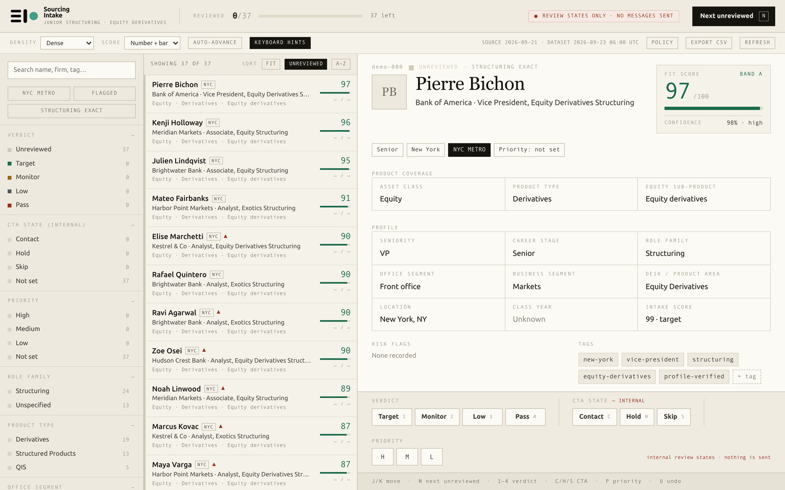 Sourcing Intake: a review table of structuring profiles with a detail pane (demo data)